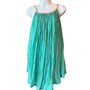 Nouveau Monde Green Gauze Tunic Dress Gold Trim Sleeveless Womens Small